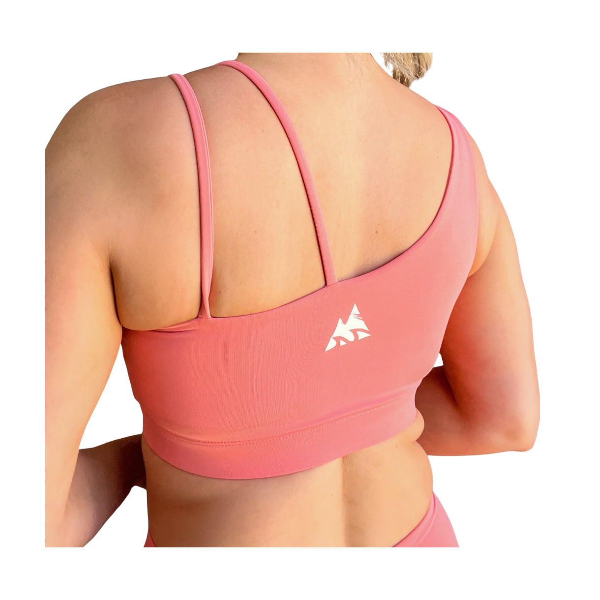Coral asymmetrical sports bra with one thick strap and two thinner straps