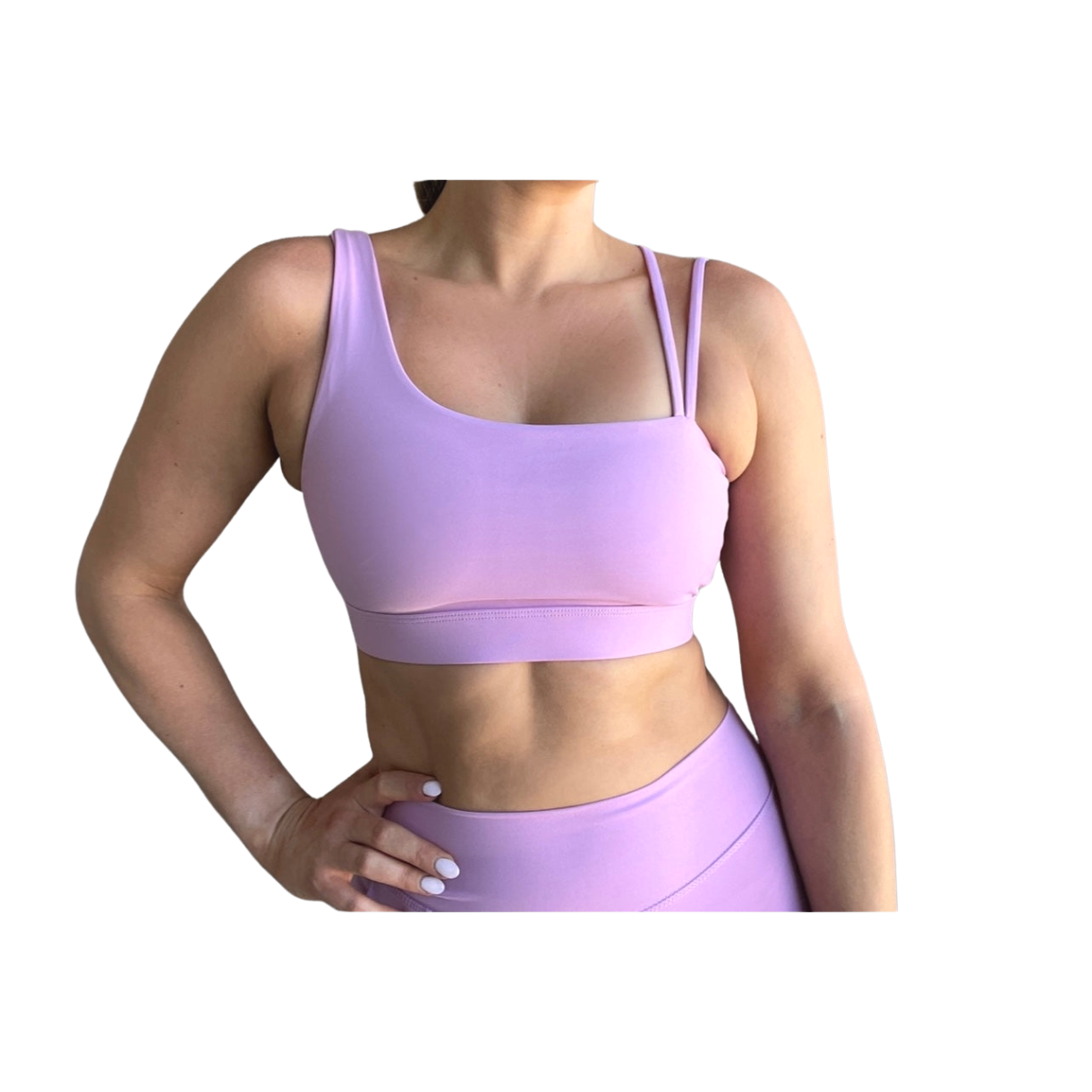 Lavender asymmetrical sports bra with one thick strap and two thinner straps