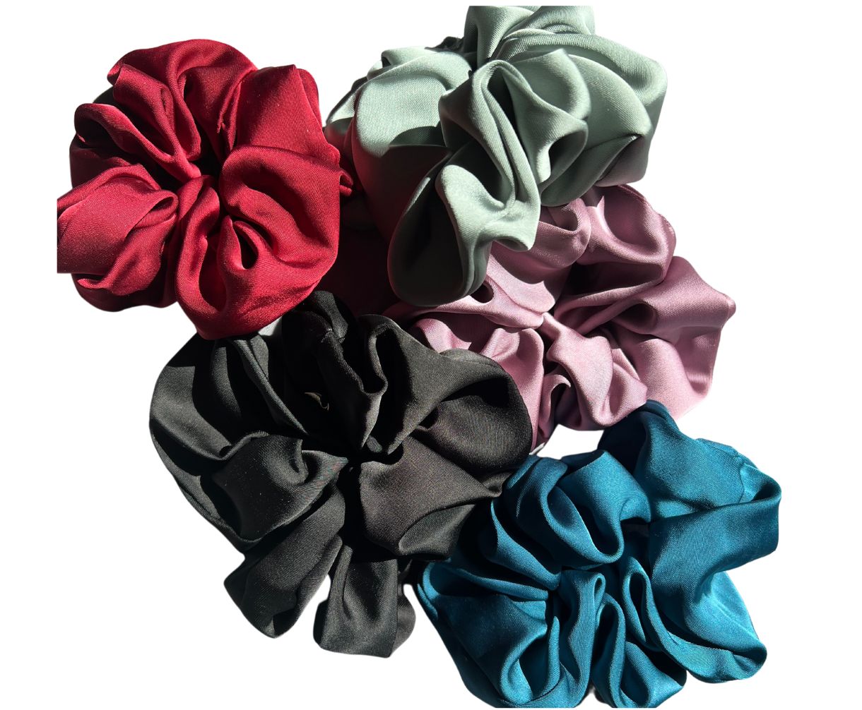 Eco-friendly silky scrunchies in red, black, purple, green and blue