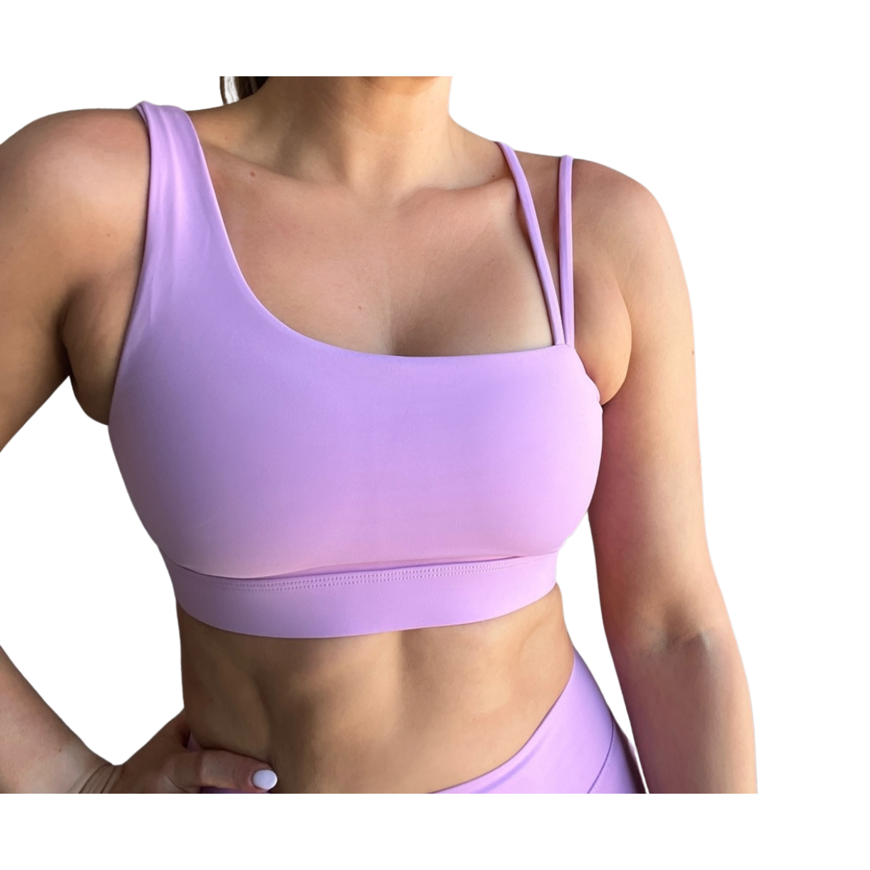 Lavender asymmetrical sports bra with one thick strap and two thinner straps